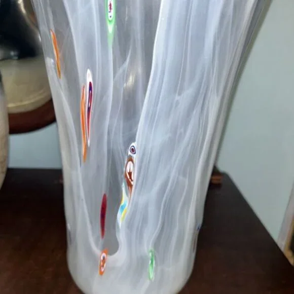 Large Italian Millefiori Arte Murano Lavorazione White Cased Vase 15 Inc…